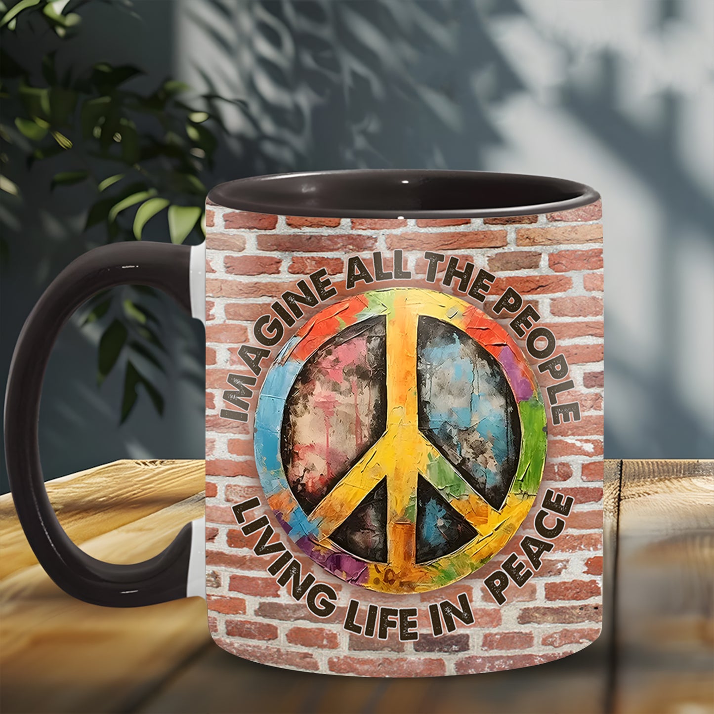 Hippie Symbol Vintage Imagine All The People Living Life In Peace Accent Mug