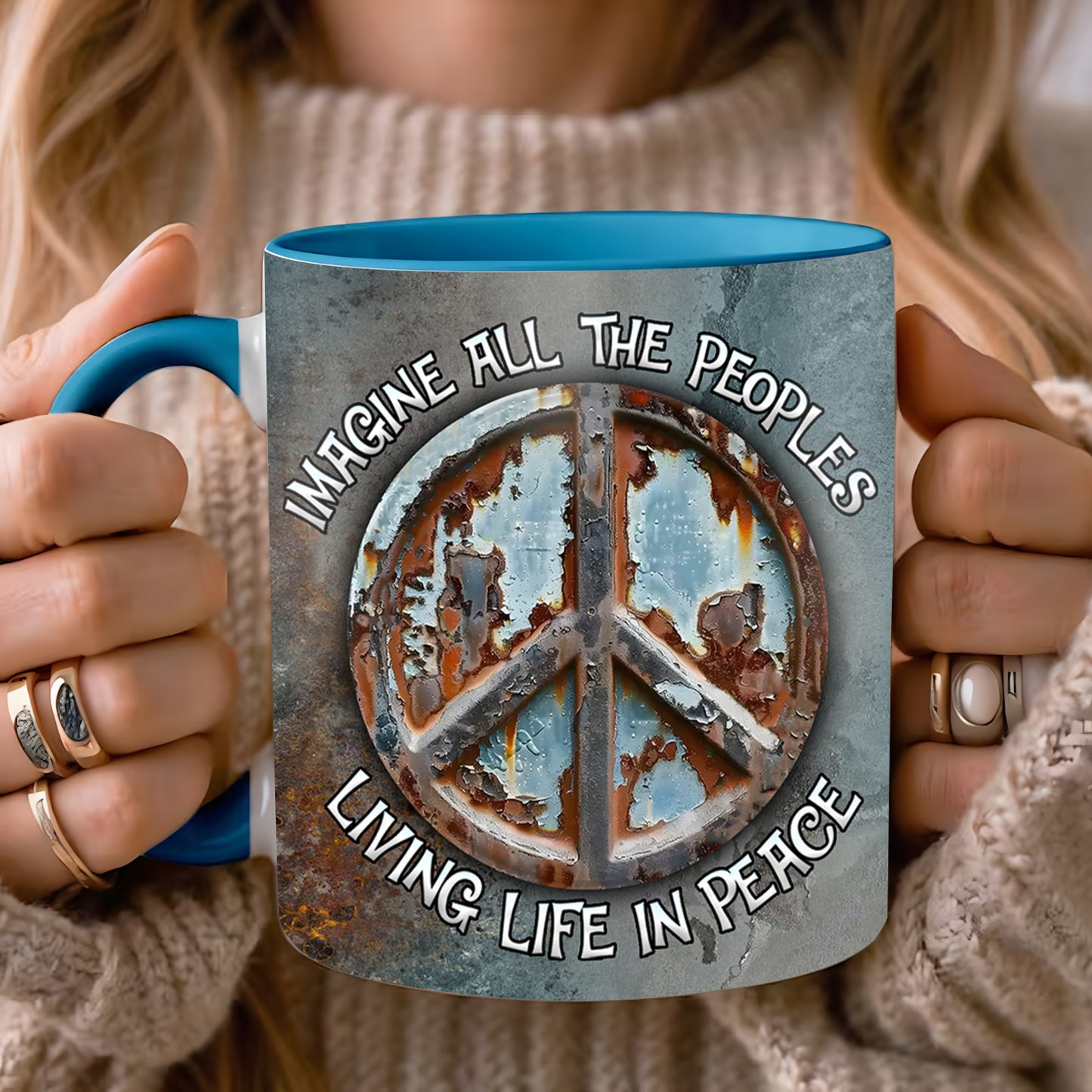 Hippie Vintage Imagine All The People Living Life In Peace Accent Mug