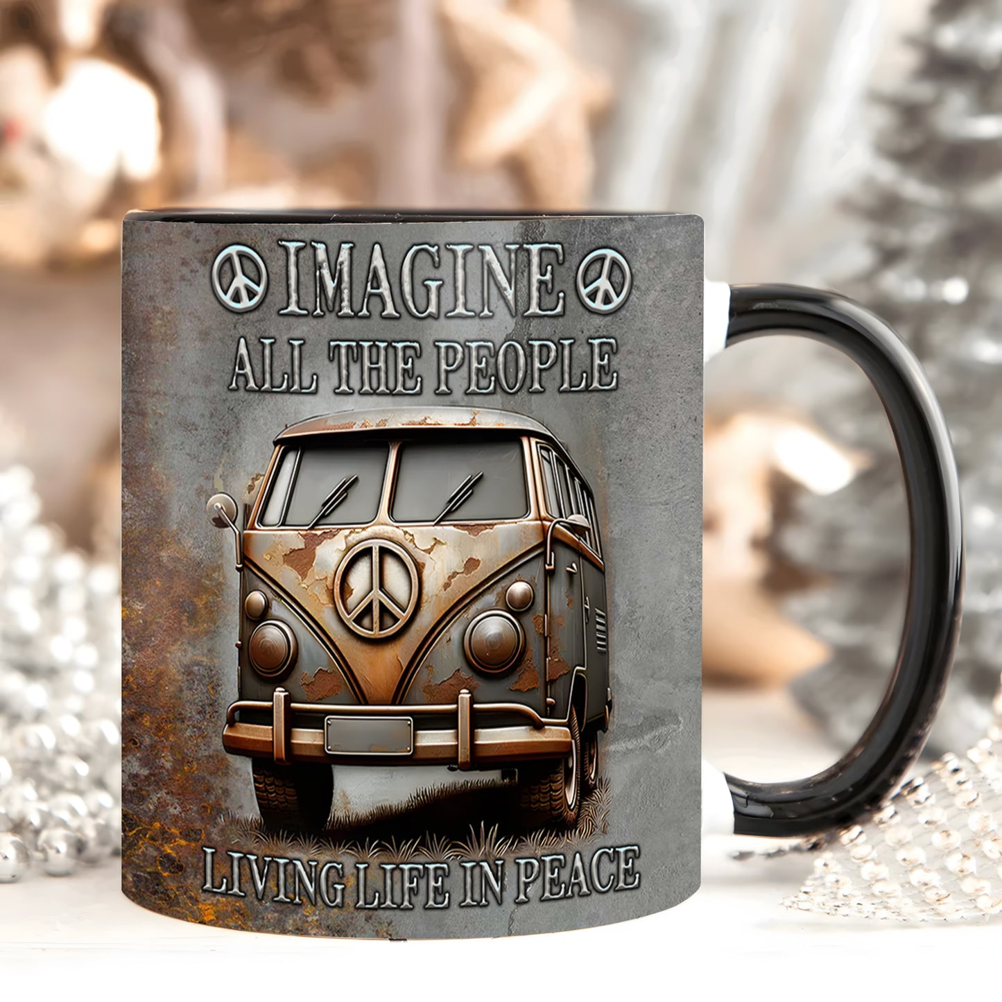 Hippie Bus Imagine All The People Living Life In Peace Accent Mug