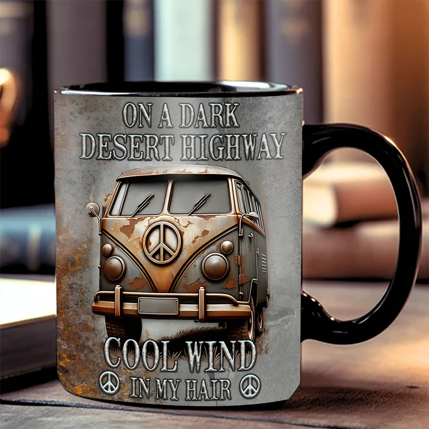 Hippie Bus On A Dark Desert Highway Accent Mug