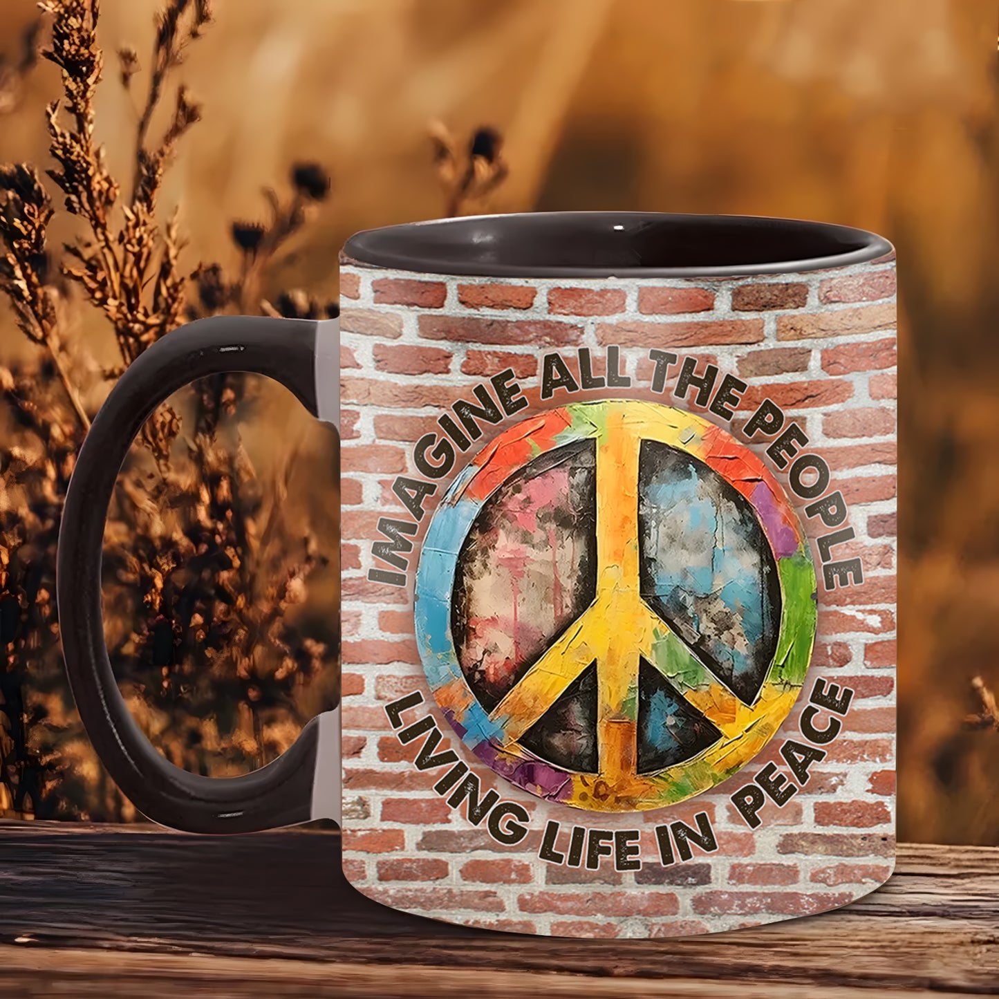 Hippie Symbol Vintage Imagine All The People Living Life In Peace Accent Mug