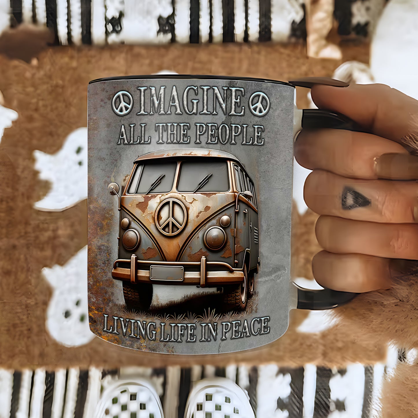 Hippie Bus Imagine All The People Living Life In Peace Accent Mug