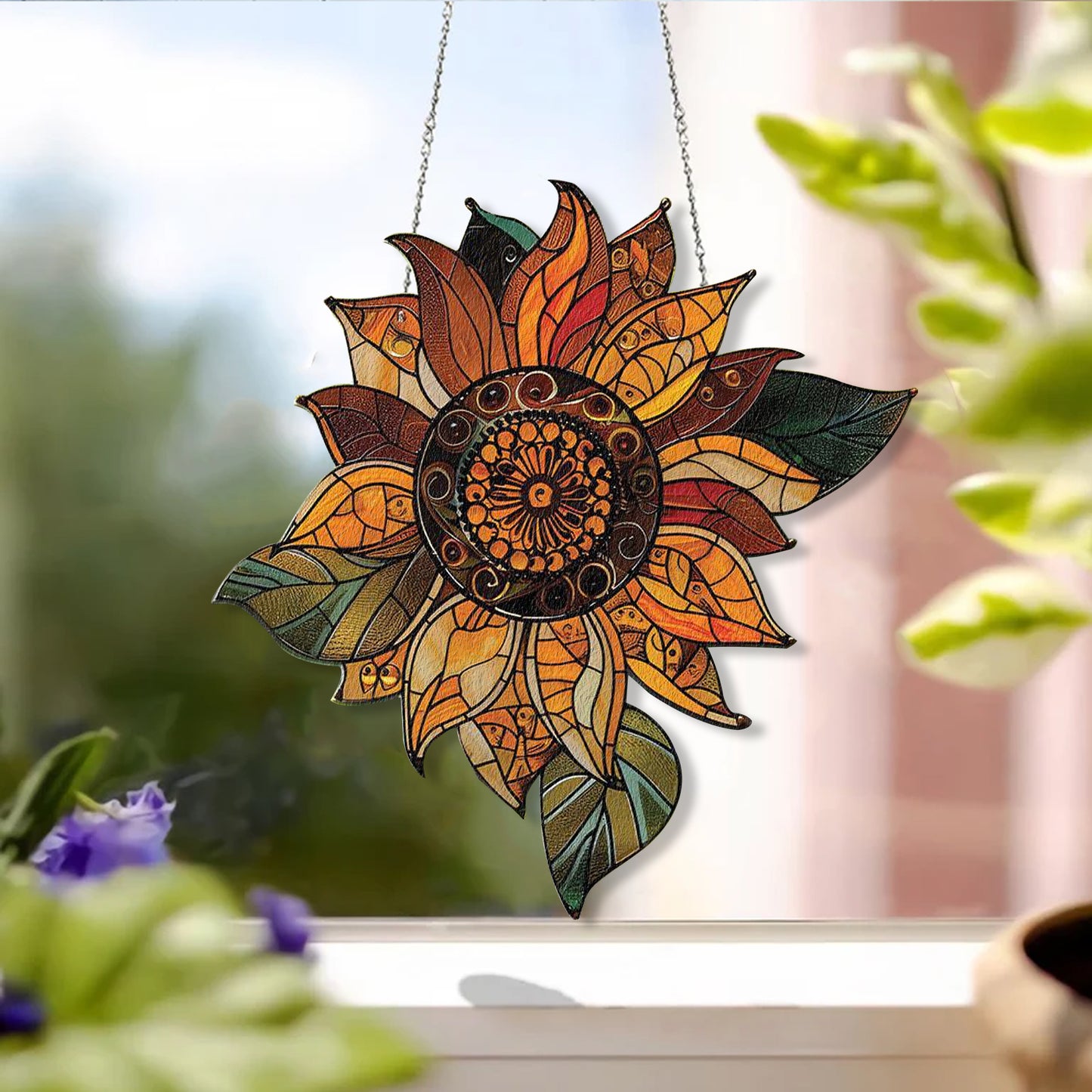 ACRYLIC Sunflowers Highland cow Window Hanging, Gift For Flower Lover’s